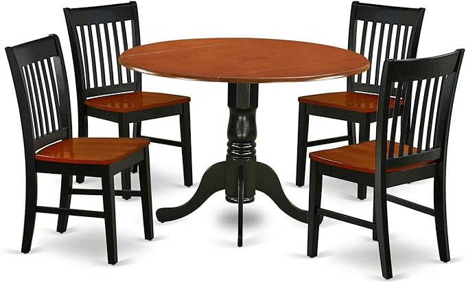 East West Furniture Dublin 5 Piece Dining Set for 4 Includes a Round Kitchen Table with Dropleaf and 4 Dinette Chairs, 42x42 Inch, DLNO5-BCH-W - LeafyLoom