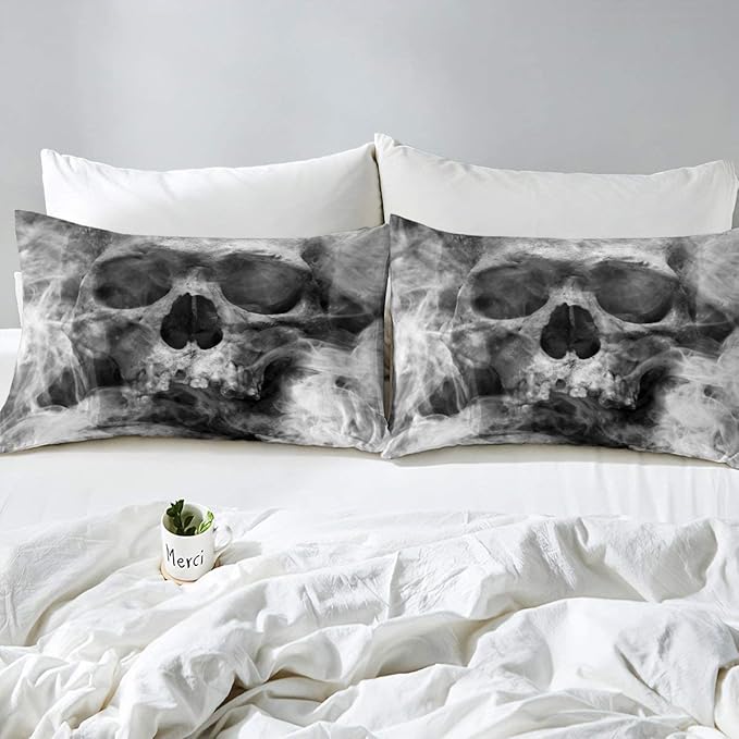 Erosebridal Skull Comforter Set King, Halloween Down Comforter, Gothic Fog Smoke Skull Skeleton Quilted Duvet, Grey Bedding Comforters for Young Man Boy Teens, Room Decorative, Soft Duvet Insert - LeafyLoom