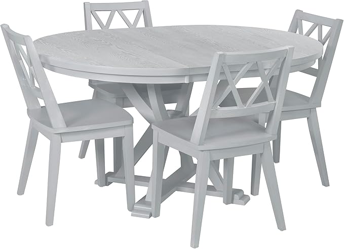 Mid-Century Round 15.7" Removable Leaf, Extending w/4 Cross Back Chairs, Room, Kitchen, Small Place, Antique Gray, 5 Piece Dining Table Set - LeafyLoom
