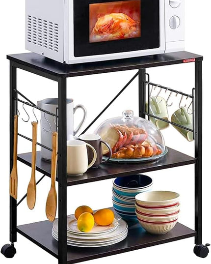 Mr IRONSTONE Kitchen Stand Microwave Cart 23.7'' for Small Space, Coffee Bar Table 3-Tier Rolling Utility Microwave Stand on Wheels, Coffee Cart with Storage Bakers Rack, Black Board+Black Metal Frame - LeafyLoom