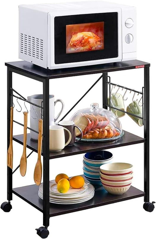 Mr IRONSTONE Kitchen Stand Microwave Cart 23.7'' for Small Space, Coffee Bar Table 3-Tier Rolling Utility Microwave Stand on Wheels, Coffee Cart with Storage Bakers Rack, Black Board+Black Metal Frame - LeafyLoom