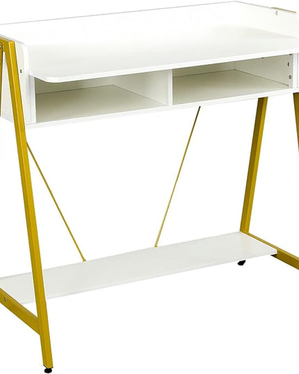 TEAMIX Small White Desk with Drawer and Shelf, Wood Computer Desk for Laptop PC, Gaming Desk with Hooks Vanity Makeup Desk for Girls Home Office Desk - LeafyLoom
