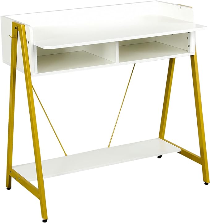 TEAMIX Small White Desk with Drawer and Shelf, Wood Computer Desk for Laptop PC, Gaming Desk with Hooks Vanity Makeup Desk for Girls Home Office Desk - LeafyLoom