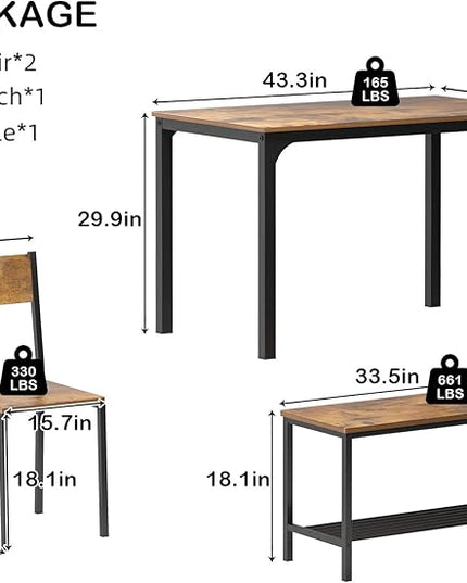 soges 4 Pieces Dining Table Set, 43.3 inch Kitchen Table Set for 4, Dining Set with 2 Chairs and Bench with Storage Rack, Nesting Furniture Set for Dining Room, Kitchen, Restaurant, Rustic Brown - LeafyLoom