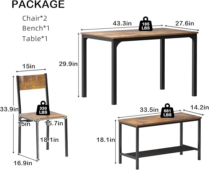 soges 4 Pieces Dining Table Set, 43.3 inch Kitchen Table Set for 4, Dining Set with 2 Chairs and Bench with Storage Rack, Nesting Furniture Set for Dining Room, Kitchen, Restaurant, Rustic Brown - LeafyLoom