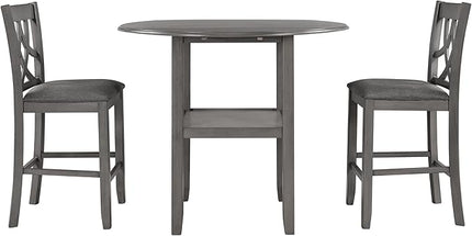 NicBex Bar Table and Chairs Set Kitchen Table Set Counter Height Kitchen Dining Table Set with Drop Leaf Table, 1 Shelf and 2 Cross Back Padded Chairs for Small Places, Gray - LeafyLoom