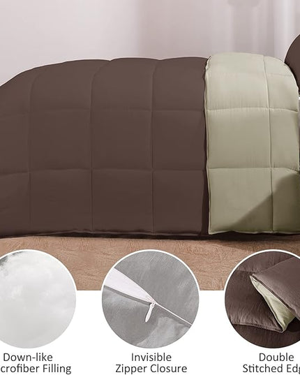 Basic Beyond Queen Comforter Set - Fluffy Comforter Queen Set for All Seasons - Reversible Comforter Set Queen Size for Mens - 3 Pieces (1 Comforter + 2 Pillow Shams) - Brown/Ivory - LeafyLoom