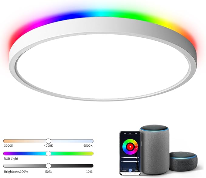 TALOYA 18 Inch Flush Mount Light Fixture Led,Compatible with Alexa Google Assistant Smart Life App,Sleek Round Ceiling Fixture,36+4W Main Light and RGB Night Light Adjustable,Enabled by 2.4G Wi-Fi Taloya