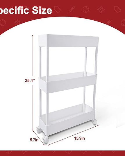 3 Tier Slim Storage Cart, Kitchen Mobile Shelving Unit Organizer, Rolling Cart with Lockable Wheels, Utility Cart for Tight Spaces on Kitchen Office Apartments Dormitory Bathroom, White - LeafyLoom