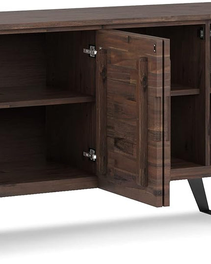 SIMPLIHOME Lowry SOLID ACACIA WOOD 66 Inch Wide Modern Industrial Large 4 Door Sideboard Buffet in Distressed Charcoal Brown, For the Dining Room and Kitchen - LeafyLoom