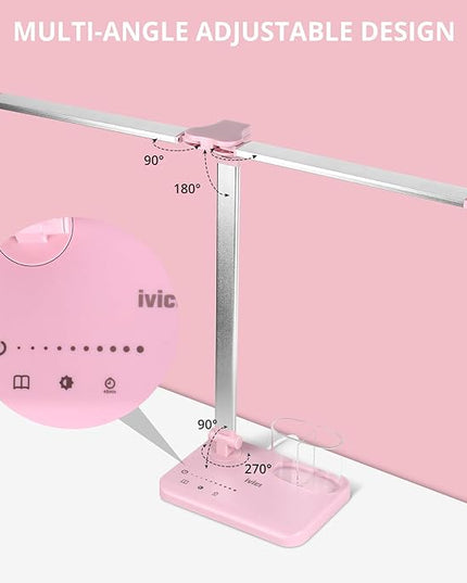iVict LED Desk Lamp, Adjustable Table Foldable Lamp with USB Charging Port, 25 Lighting Modes, 45-Minute Auto Timer, Dual Swing Arm Desk Light with Pen Holde for Home Office/Study(Pink) - LeafyLoom