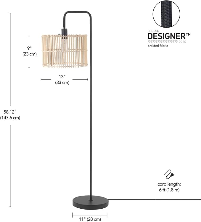 Globe Electric Barden 58" Floor Lamp, Matte Black, Bamboo Shade, On/Off Rotary Switch on Socket - LeafyLoom