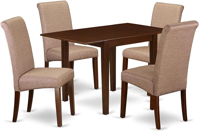 East West Furniture NDBA5-MAH-18 Norden 5 Piece Kitchen Set for 4 Includes a Rectangle Room Table with Dropleaf and 4 Brown Linen Fabric Parson Dining Chairs, 30x48 Inch, Mahogany - LeafyLoom