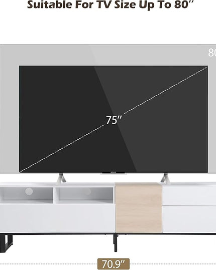 71 Inch TV Stand with Double Storage Space for TVs up to 80'', Modern TV Console with Drop Down Door, Entertainment Center for Living Room, Bedroom and Home Theatre, Wood+White - LeafyLoom