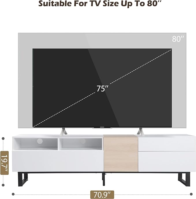 Inch Modern Stand with Double Storage, Drop Down Doors, Cable Management-Media Console Table, Entertainment Center for Living Room, Bedroom, Support 80" TV, White-1 - LeafyLoom
