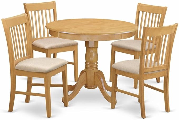 East West Furniture ANNO5-OAK-C 5 Piece Set for 4 Includes a Round Kitchen Table with Pedestal and 4 Linen Fabric Dining Room Chairs, 36x36 Inch - LeafyLoom