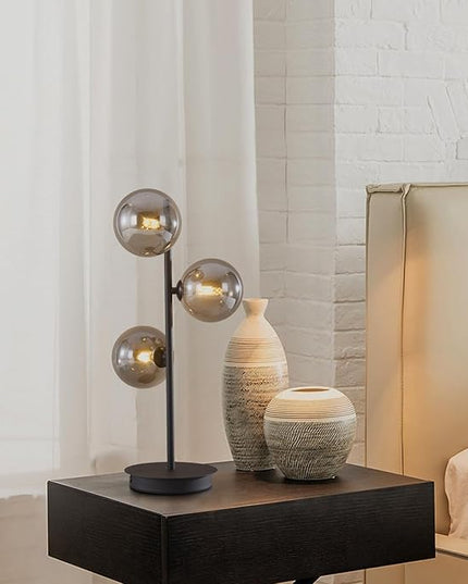 Mid Century Modern Table Lamp Smoky Grey Glass Globe Desk Lamp Industrial Vintage Bedside Table Light Contemporary Minimalist Metal Nightstand Reading Lamp Retro Table Lamp MTL03-SG - LeafyLoom