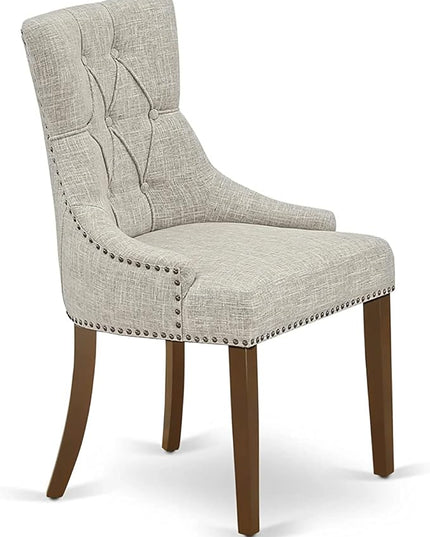 East West Furniture Dublin 3 Piece Dinette Set for Small Spaces Contains a Round Dining Table with Dropleaf and 2 Doeskin Linen Fabric Upholstered Chairs, 42x42 Inch, DLFR3-MAH-05 - LeafyLoom