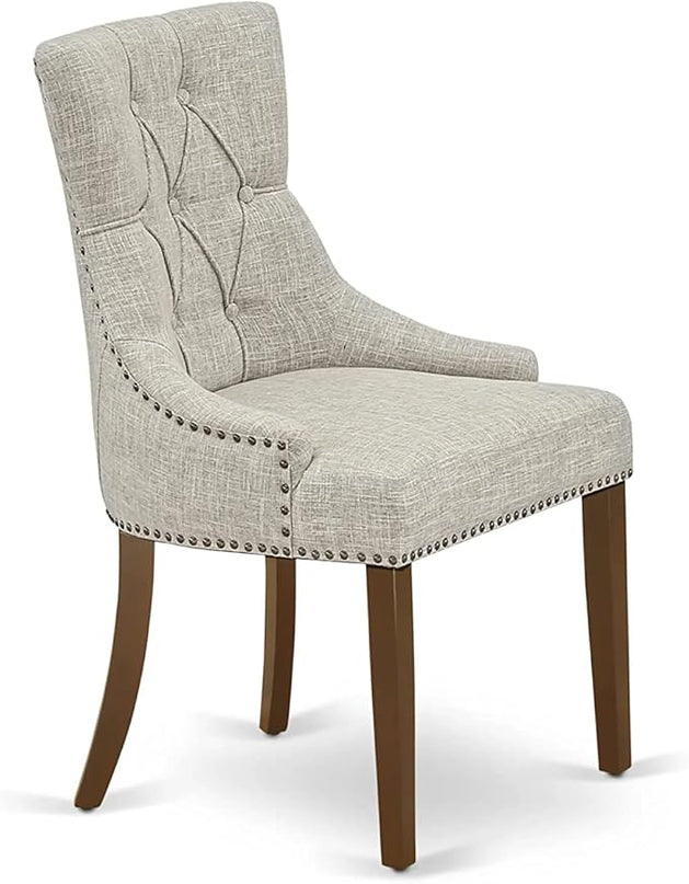 East West Furniture Dublin 3 Piece Dinette Set for Small Spaces Contains a Round Dining Table with Dropleaf and 2 Doeskin Linen Fabric Upholstered Chairs, 42x42 Inch, DLFR3-MAH-05 - LeafyLoom