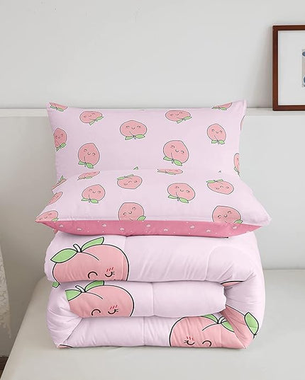 Cartoon Comforter Set King Size Pink Peach Bedding Set Kid Kawaii Down Comforter Girl Lovely Peach Duvet Set Cute Fruits Comforter Tropical Plant Bedding Reversible Soft Lightweight Room Decor - LeafyLoom