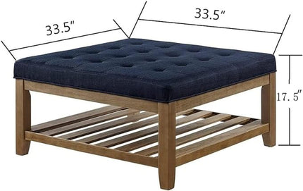 24KF Large Square Upholstered Tufted Linen Ottoman, Large Footrest Ottoman with Solid Wood Shelf- Navy Blue - LeafyLoom