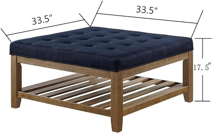 24KF Large Square Upholstered Tufted Linen Ottoman, Large Footrest Ottoman with Solid Wood Shelf- Navy Blue - LeafyLoom