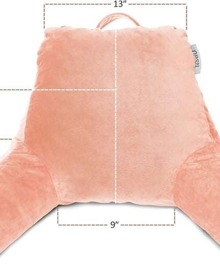 Clara Clark Reading Pillow for Kids, Small Back Pillow for Sitting Up in Bed, Memory Foam Back Support Pillow, Reading Pillows for Sitting in Bed, Peach Gaming Pillow for Bed with Arms and Pockets - LeafyLoom