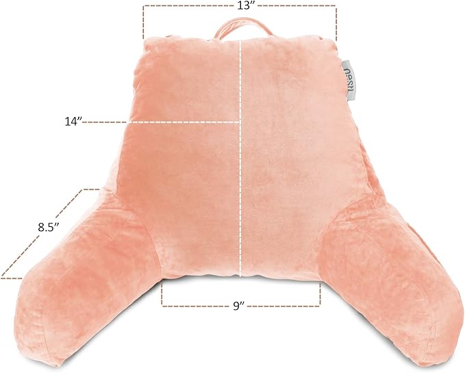 Clara Clark Reading Pillow for Kids, Small Back Pillow for Sitting Up in Bed, Memory Foam Back Support Pillow, Reading Pillows for Sitting in Bed, Peach Gaming Pillow for Bed with Arms and Pockets - LeafyLoom