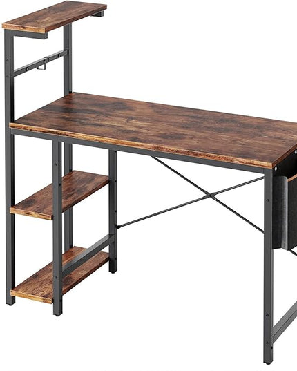 Bestier Computer Desk with LED lights, Gaming Desk with 4 Tier Shelves, 44 Inch Office Desk with Storage Bag & Printer Shelf (Rustic Brown) - LeafyLoom
