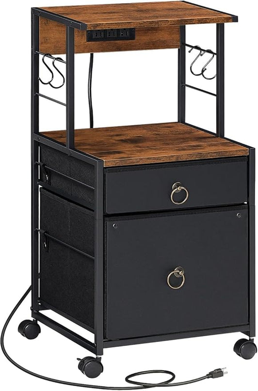 HOOBRO 2-Drawer File Cabinet, Filing Cabinet with Charging Station, Vertical Office Cabinet with Open Storage Shelf, Printer Stand, A4/Letter Size, Nonwovens Drawer, Rustic Brown and Black BFK23UWJ01 - LeafyLoom