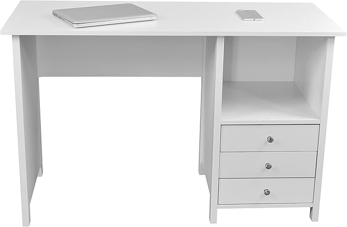 Techni Mobili White Desk with Drawers - Small Office Desk with 3 Cabinet Drawers, Open Shelf, & Laminated Wooden Panels Office & Study Table for Bedroom & Workstations - LeafyLoom