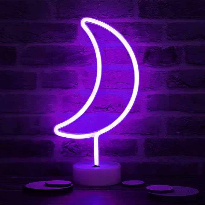 LED Moon Neon Signs Halloween Decor, Purple Crescent Night Lights USB Battery Operated Moon Lamp for Birthday Party, Wedding, Christmas Decorations-Moon with Holder Base(Purple) - LeafyLoom