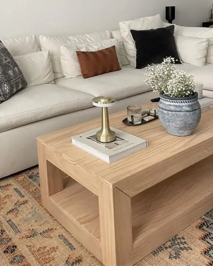 Plank+Beam Modern Rectangular Coffee Table with Shelf, Solid Wood, 48 Inch, Center Table with Storage, 2 Tier Tea Table for Living Room, Blonde Wirebrush - LeafyLoom