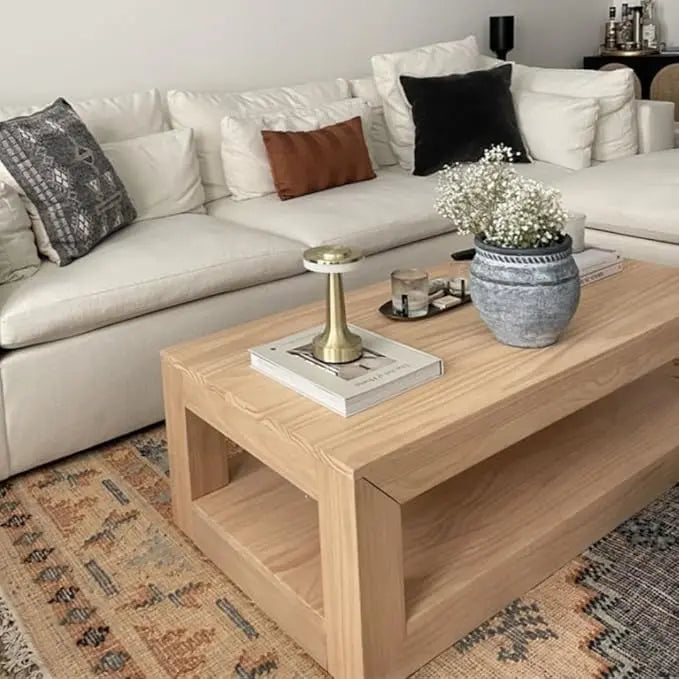 Plank+Beam Modern Rectangular Coffee Table with Shelf, Solid Wood, 48 Inch, Center Table with Storage, 2 Tier Tea Table for Living Room, Blonde Wirebrush - LeafyLoom