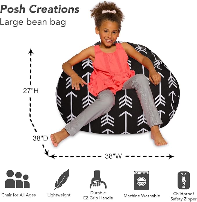 Posh Creations Bean Bag Chair for Kids, Teens, and Adults Includes Removable and Machine Washable Cover, Canvas White Arrows on Gray, 38in - Large - LeafyLoom