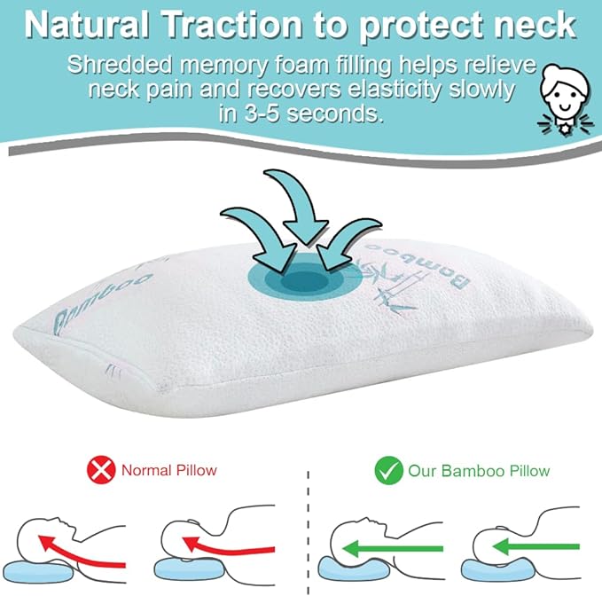 Cooling Rayon of Bamboo Pillows King Size for Sleeping, +1 Extra Washable Zippered Breathable Cover Soft Shredded Adjustable Memory Foam, Relieves Neck Pain Snoring for Back/Stomach/Side Sleeper - LeafyLoom