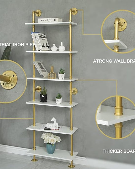 Industrial Gold Bookshelf-6 Tier Wall Mounted Ladder Bookshelf, Rustic Gold Storage Book Shelves Display Bookcases for Living Room/Home/Office - LeafyLoom