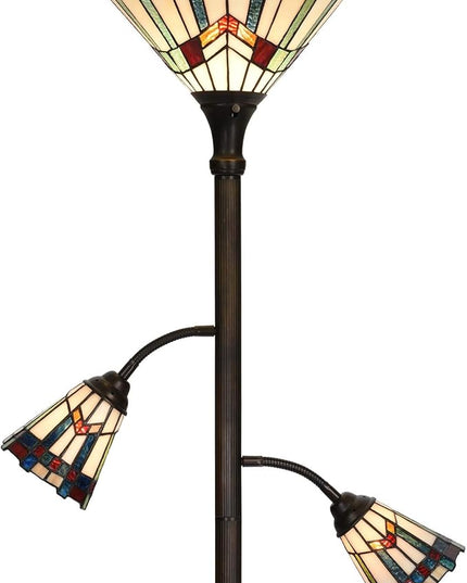 Bieye L10812 Mission Tiffany Style Stained Glass Floor Lamp for Reading Working Decorating, 3-Lights, 70 inches Tall - LeafyLoom
