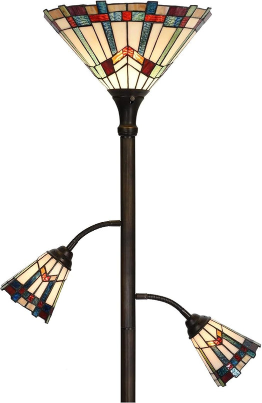 Bieye L10812 Mission Tiffany Style Stained Glass Floor Lamp for Reading Working Decorating, 3-Lights, 70 inches Tall - LeafyLoom