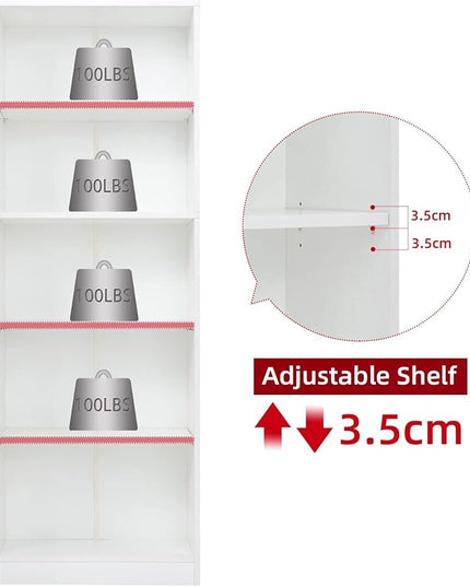 5 Shelf Wood Bookcase Freestanding Display Shelf Adjustable Layers Bookshelf for Home Office Library Small Narrow Space (White, 5-Layers,24.4W x 11.6D x 68.9H inch) - LeafyLoom