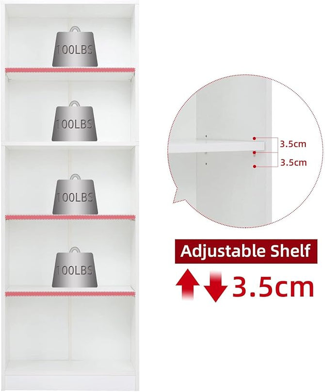 5 Shelf Wood Bookcase Freestanding Display Shelf Adjustable Layers Bookshelf for Home Office Library Small Narrow Space (White, 5-Layers,24.4W x 11.6D x 68.9H inch) - LeafyLoom
