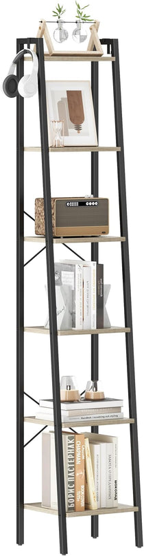 Ladder Shelf, Bookshelf Bookcase, Freestanding Corner Storage Shelve with 2 Hooks for Home Office, Living Room, Kitchen, Bedroom, Industrial, 6-Tier Greige BC13305B - LeafyLoom