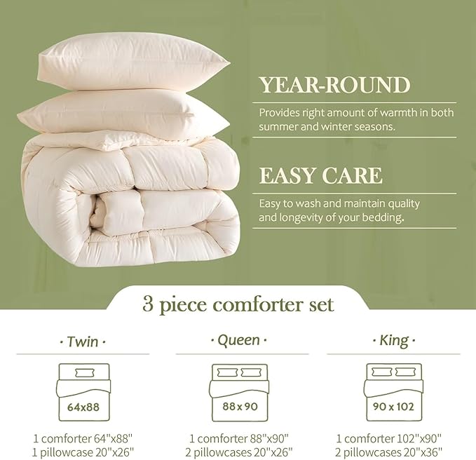 WhatsBedding Twin Comforter Set, Beige Lightweight Bedding Set for All Season Soft Down Alternative Bed Set with 1 Pillowcase, Twin Size, 64"x88" - LeafyLoom