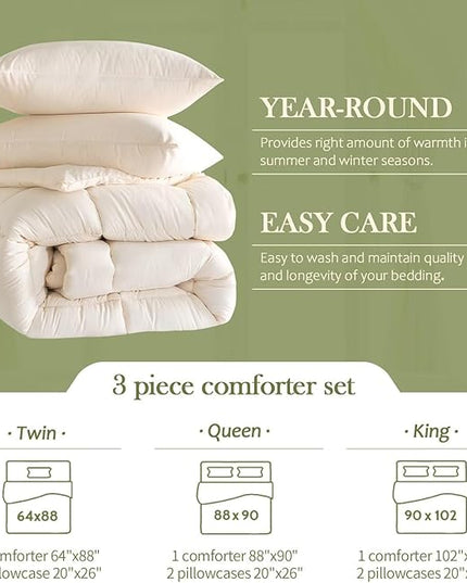 WhatsBedding Queen Comforter Set, Beige Lightweight 3 Pieces Bedding Set for All Season Soft Down Alternative Bed Set with 2 Pillowcases, Queen Size, 88"x90" - LeafyLoom