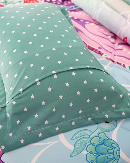 ADASMILE A & S 6 Pieces Mermaid Comforter Twin for Girls Kids Mermaid Bedding Fish Scale with Starfish Turtle Printed Bed in a Bag Comforter and Sheet Set Rainbow Mermaid Scale Bedding Home Decor - LeafyLoom