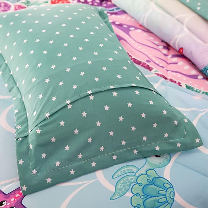 ADASMILE A & S 6 Pieces Mermaid Comforter Twin for Girls Kids Mermaid Bedding Fish Scale with Starfish Turtle Printed Bed in a Bag Comforter and Sheet Set Rainbow Mermaid Scale Bedding Home Decor - LeafyLoom