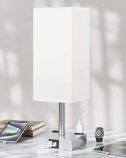 Touch Bedside Table Lamp For Nightstand - 3-Way Dimmable Night Lamp with USB A + Type C Charging Ports and two AC Outlets, Small Desk Light with E26 LED Bulb for Bedroom Living Room Dorm Office,WHITE - LeafyLoom