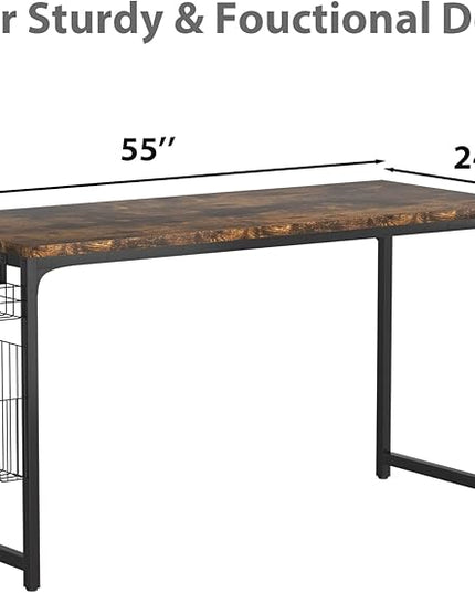 yoyomax Computer Desk, 55 Inch Home Office Desk, Wood Simple Style Student Writing Desk, Study PC Table with Storage Basket and Headphone Hooks, Rustic Brown - LeafyLoom
