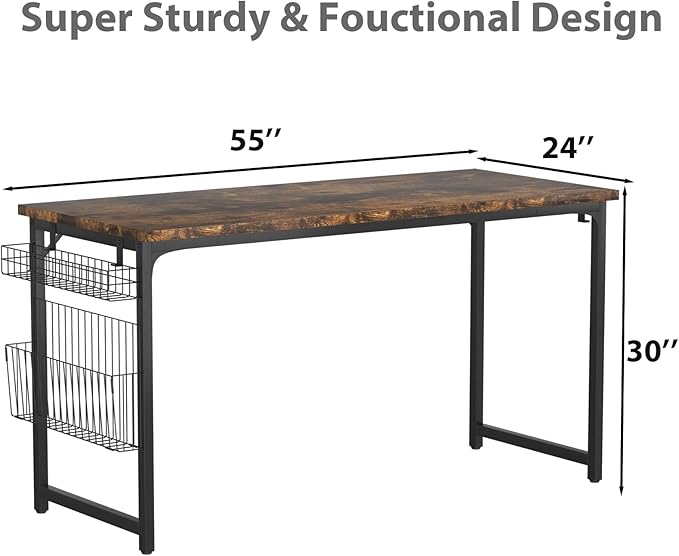 yoyomax Computer Desk, 55 Inch Home Office Desk, Wood Simple Style Student Writing Desk, Study PC Table with Storage Basket and Headphone Hooks, Rustic Brown - LeafyLoom