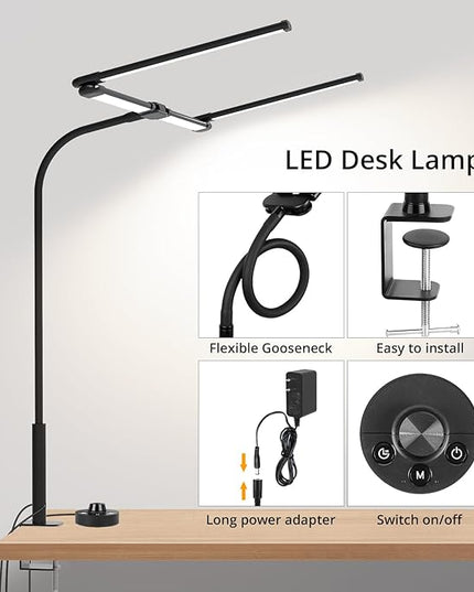 Desk Lamp for Office Home, 4 Heads, 24W Ultra Bright, 5 Colors 10 Bright Levels, Long Flexible Clamp Clip Light, Task Table Lamp with Adapter & Switch Controller, Black - LeafyLoom